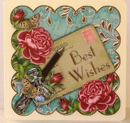 Pink Roses Aqua Best Wishes Postcard Step by Step by Suzi Cooper
