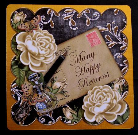 Cream Roses Black Happy Returns 8in Scallop Decoupage Topper by Suzi Cooper