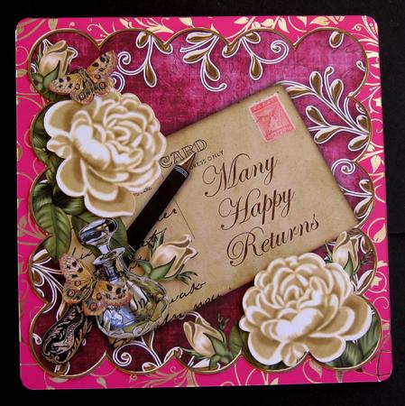 Cream Roses Cerise Happy Return 8in Scallop Decoupage Topper by Suzi Cooper