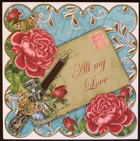 Deep Pink Rose Teal All My Love Scallop 8in Decoupage Topper by Suzi Cooper