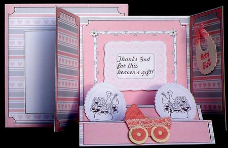 Gatefold Step Card - Baby Girl Stork by Suzi Cooper