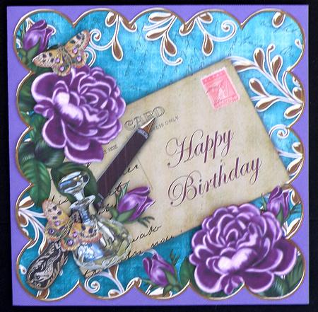 Purple Roses Dteal Happy Birthday 8in Decoupage Topper by Suzi Cooper