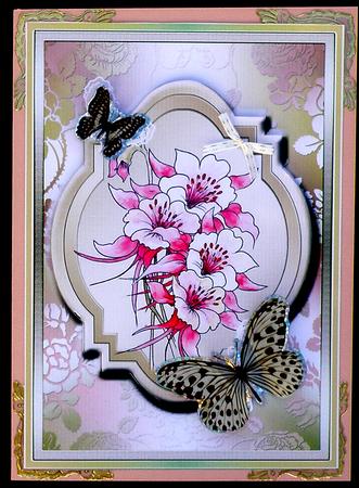 Aquilegia with Lace Butterflies, Watercolour Decoupage Card by Suzi Cooper