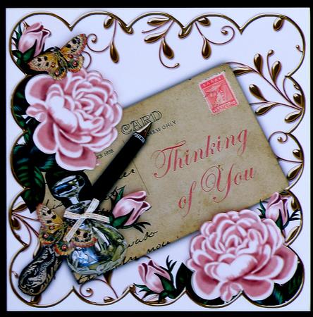Pink Roses Thinking of You Ink Saver 8in Decoupage Topper by Suzi Cooper