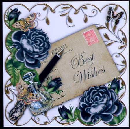Black Roses Best Wishes White Ink Saver 8in Decoupage Topper by Suzi Cooper