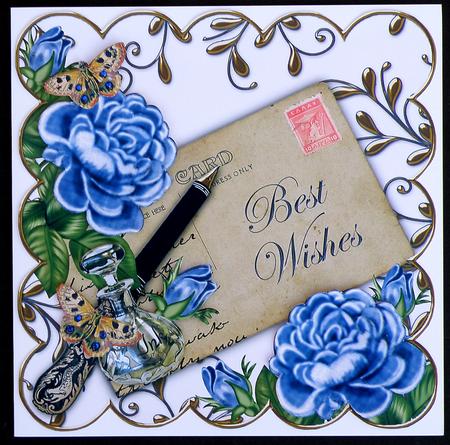 Blue Roses Best Wishes White Ink Saver 8in Decoupage Topper by Suzi Cooper