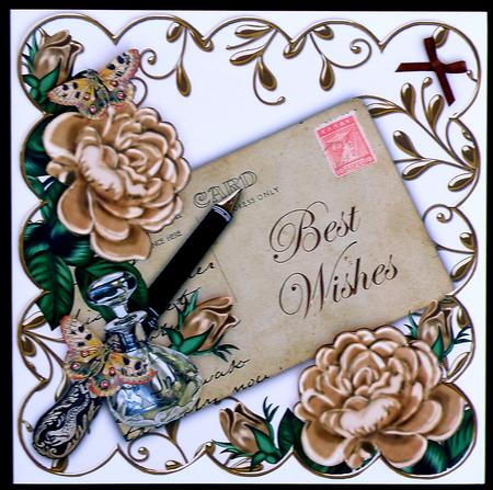 Coffee Rose Best Wishes White Ink Saver 8in Decoupage Topper by Suzi Cooper