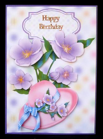 Flower Trimmed Hat Card Front and Decoupage by Suzi Cooper