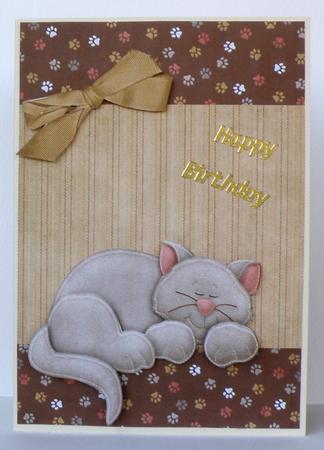 Cute Sleeping Grey Cat with Beige Bow by Suzi Cooper