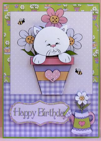 Kitten in a Flowerpot Card Front & Decoupage by Suzi Cooper