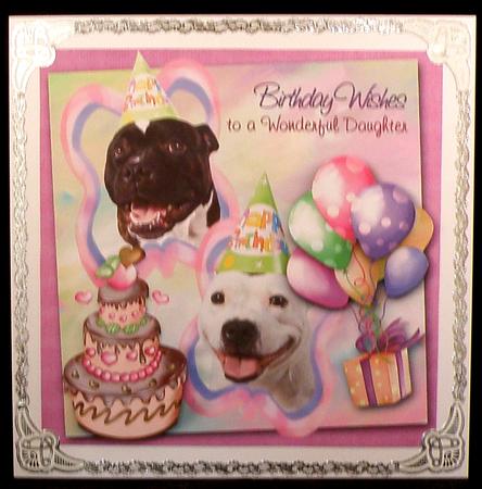 White Staffie & Brindle Staffie Birthday 8x8inch Card Front by Suzi Cooper