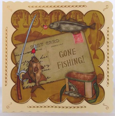 Gold Gone Fishing 8in Decoupage Topper by Suzi Cooper
