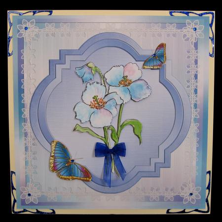 8x8 Watercolour Blue Poppy with Butterflies Decoupage by Suzi Cooper