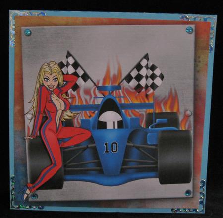 Formula One & Pit Girl 8x8inch Card Front by Suzi Cooper