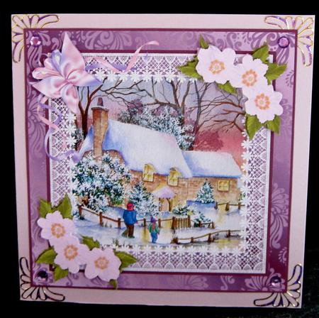 8x8 Cottages in Snow with Flowers Decoupage by Suzi Cooper