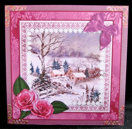 8x8 Winter Cottages in Snow with Roses Decoupage Sheet by Suzi Cooper