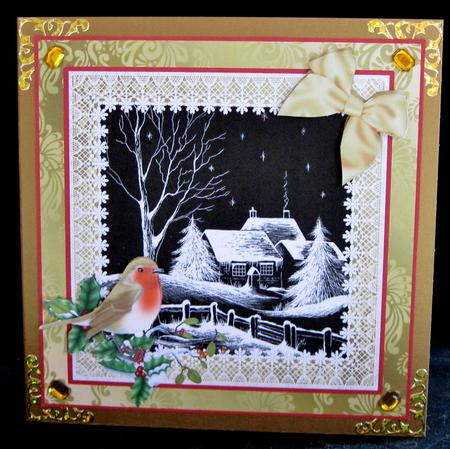 8x8 Black, White and Gold Christmas Cottages Decoupage Sheet by Suzi Cooper