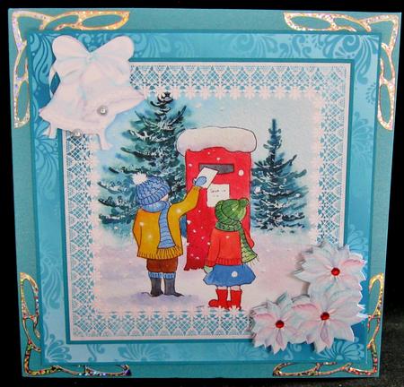 8x8 Posting a Letter, with Poinsettia and Bell Decoupage by Suzi Cooper