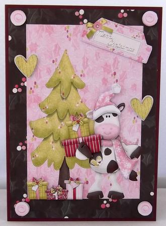 Cute Christmas Cow in Brown Holly Frame by Suzi Cooper