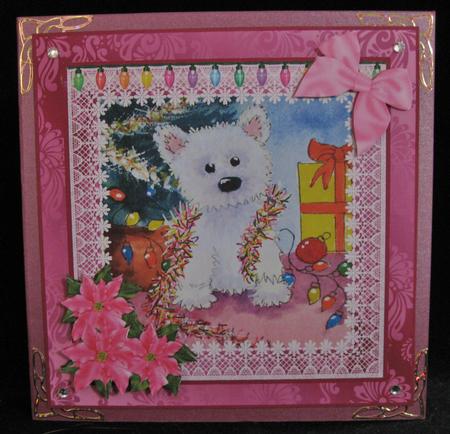 8x8 Westie and Pink Poinsettia Decoupage by Suzi Cooper