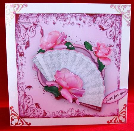 Pink Roses with Fan Decoupage Card by Suzi Cooper