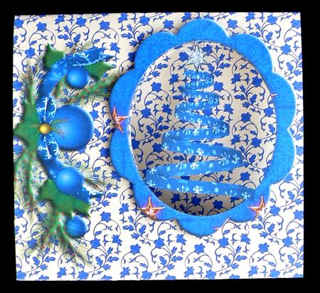 Blue Christmas Tree Tent Aperture Card by Suzi Cooper