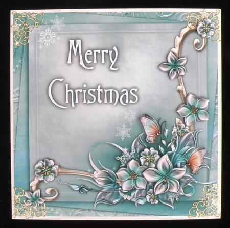 Merry Christmas Winter Flowers 8x8 Decoupage Card - Aqua by Suzi Cooper