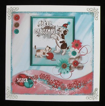 Dog & Cat Playing 8x8 Christmas Decoupage Card - Red & Mint by Suzi Cooper
