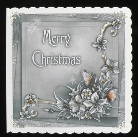 Merry Christmas Winter Flowers 8x8 Decoupage Card - Silver by Suzi Cooper