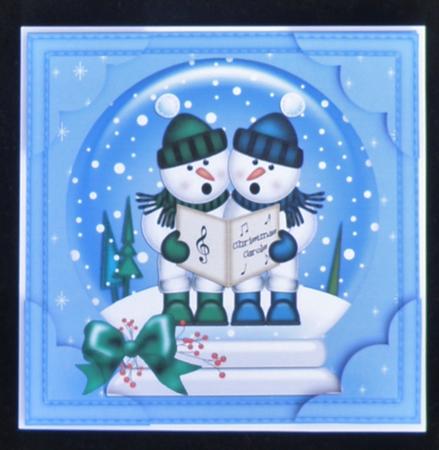 8 x 8 Xmas Singing Snowmen Snowglobe Scalloped Corner by Suzi Cooper