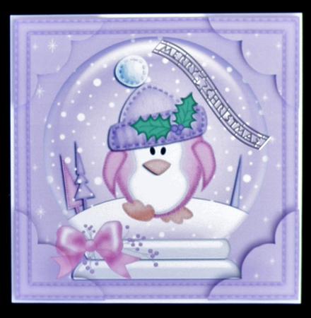 8 x 8 Xmas Penguin Snowglobe Scalloped Corner by Suzi Cooper