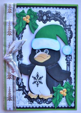 Penguin in Green Santa Hat with Bows by Suzi Cooper