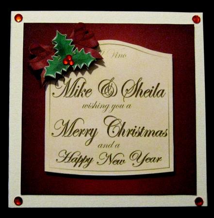 Xmas Wine Label Mike & Sheila with 3D Decoupage by Suzi Cooper