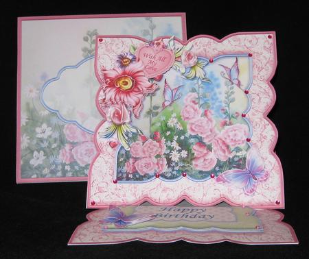 Hollyhocks Birthday Easel Card Kit with Decoupage by Suzi Cooper