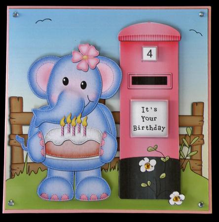 Lola Elephant N Postbox Quick Card N 3D Decoupage by Suzi Cooper