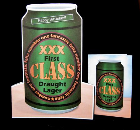 Xxx First Class Man Beer Can Shaped Card with Decoupage by Suzi Cooper