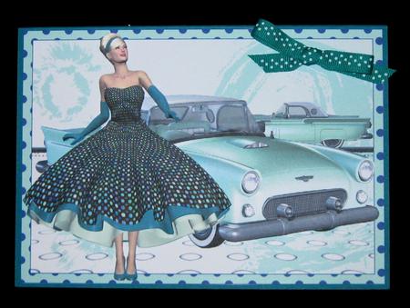 Rock & Roll Lady & Her Green T-bird Car Decoupage by Suzi Cooper