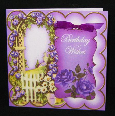 Lilac Rose Arch Birthday Wishe 5in Folded Card with Topper by Suzi Cooper