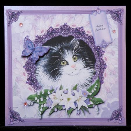 8x8 Black Kitten with Lilies and Butterflies Decoupage by Suzi Cooper