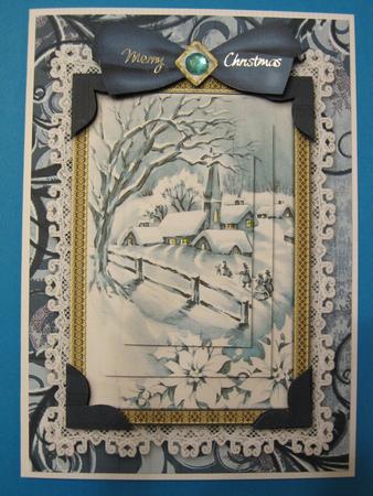 Christmas Blue Snow Village A5 Lace Card Front Step by Step by Suzi Cooper