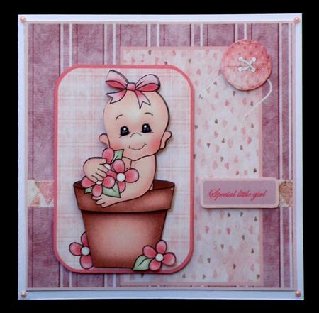 Flowerpot Baby Girl Card Front with Topper by Suzi Cooper