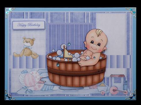 Baby Boy's Bath Fun Card Front with Decoupage by Suzi Cooper