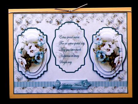 Pale Blue Pansy Panel Card with Toppers and Pyramid by Suzi Cooper
