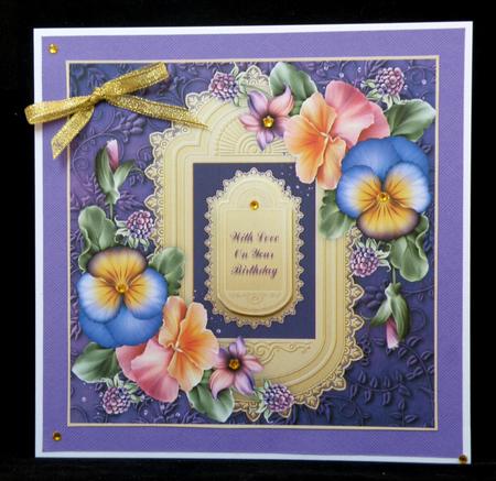 8 x 8 Pansies on Purple & Gold Card Topper by Suzi Cooper