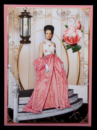 Prom Night Girl Card Front with Decoupage and Sentiment Tags by Suzi Cooper