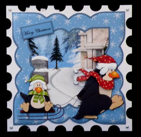 Penguin Fun Sledging Card with Decoupage by Suzi Cooper