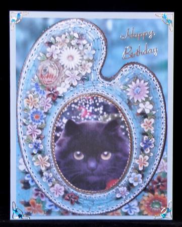 Pretty Black Cat in Floral Vintage Frame by Suzi Cooper
