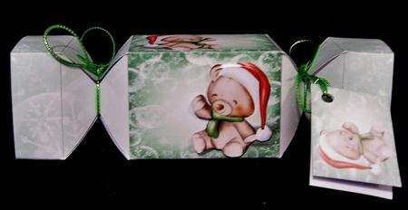 Cute Christmas Teddy Bear Cracker Box with Gift Tag by Suzi Cooper