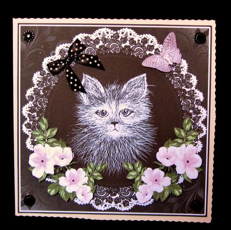 8x8 Black and White Cat with Wild Roses Decoupage by Suzi Cooper