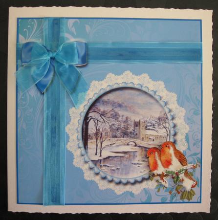 8x8 Church with 2 Robins and Bow Decoupage by Suzi Cooper